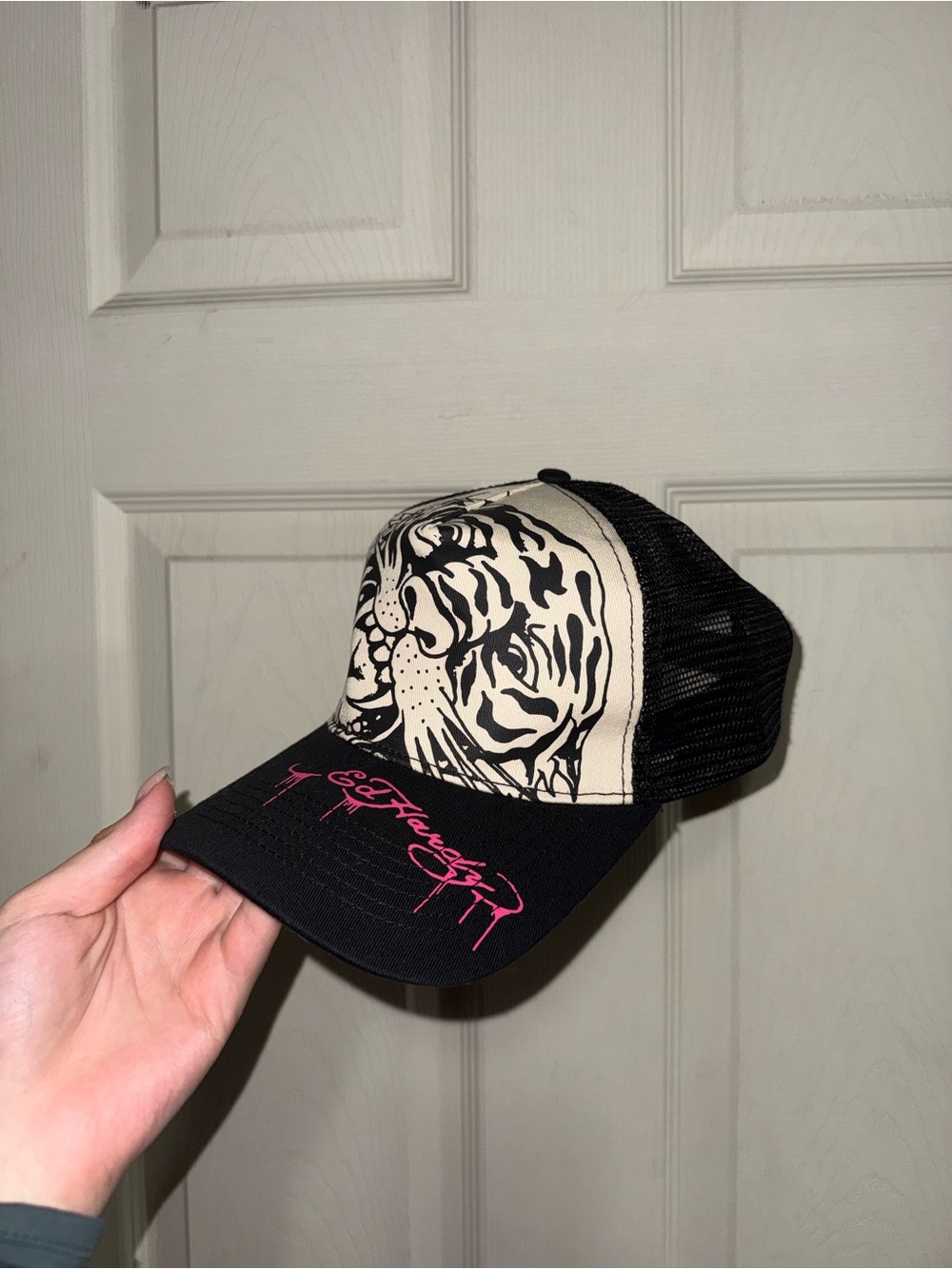 Ed Hardy Black Trucker Cap with Cream Tiger and Pink Script